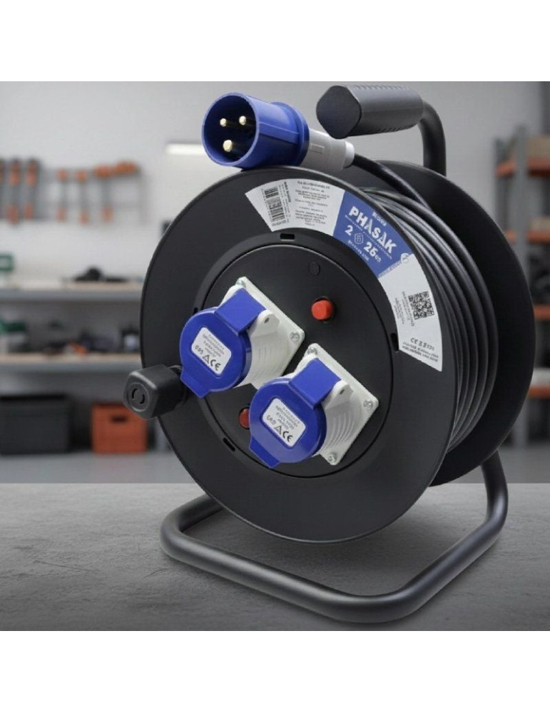 Regleta enrollable Phasak BN 3475/ 2 Enchufe industrial 2P+TT/ Cable 25m/ Negro y Azul