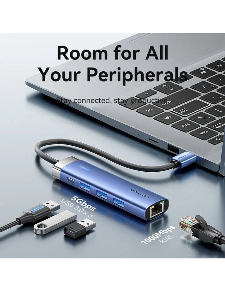 Hub USB 3.0 Vention TGFSB/ 3xUSB/ 1xRJ45/ 1xUSB Tipo-C PD/ Azul