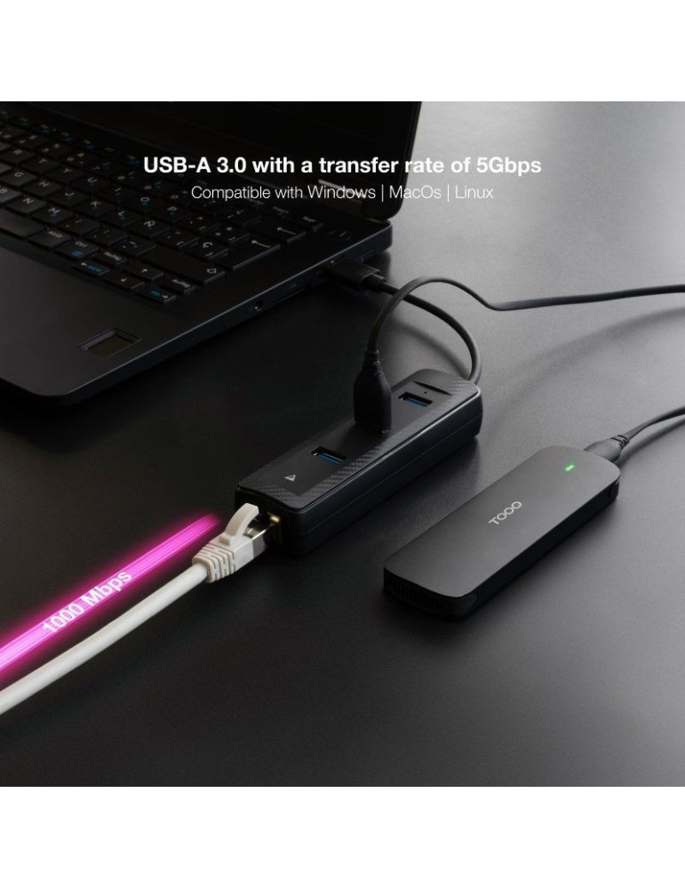 Hub USB 3.0 Nanocable 10.16.4604/ 3xUSB/ 1xRJ45/ Negro