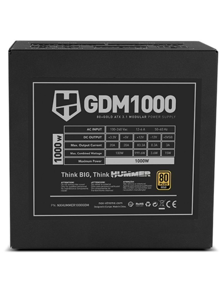 Fuente de Alimentación Nox Hummer GDM/ 1000W/ Ventilador 12cm/ ATX 3.1/ PCIe 5.1/ 80 Plus Gold