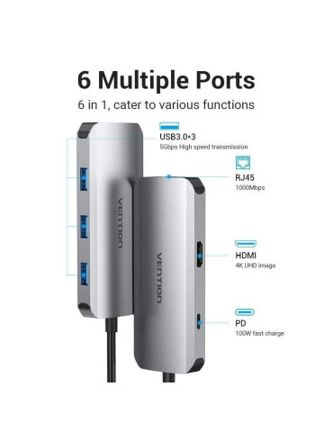 Docking USB Tipo-C Vention TOHHB/ 1xHDMI 4K/ 3xUSB/ 1xRJ45/ 1xUSB Tipo-C PD/ Gris 2