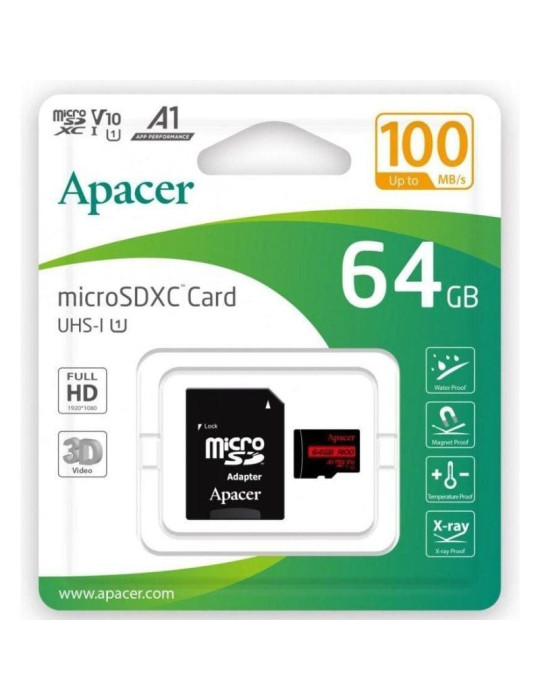Tarjeta de Memoria Apacer 64GB XC UHS 1 con Adaptador/ Clase 10/ 100MBs Tarjeta de Memoria Apacer 64GB XC UHS 1 con Adaptador/ Clase 10/ 100MBs