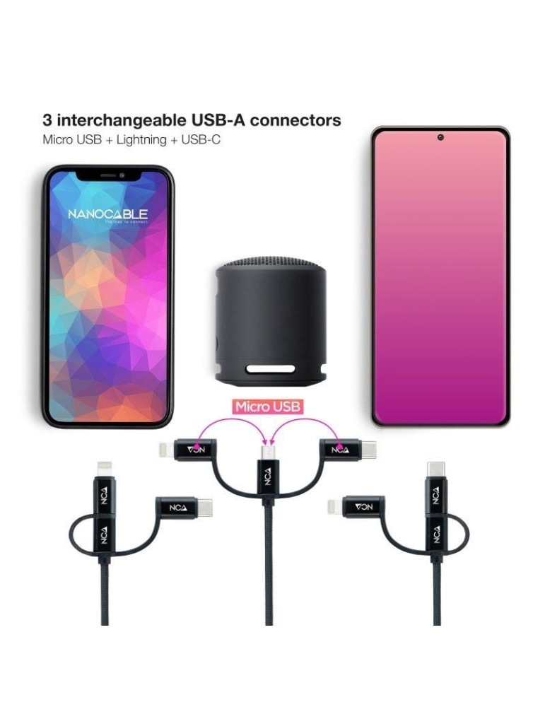 Cable USB 2.0 Nanocable 10.01.3200/ Lightning Macho - Micro USB Macho/ USB Tipo-C Macho/ 480Mbps/ 1m/ Negro