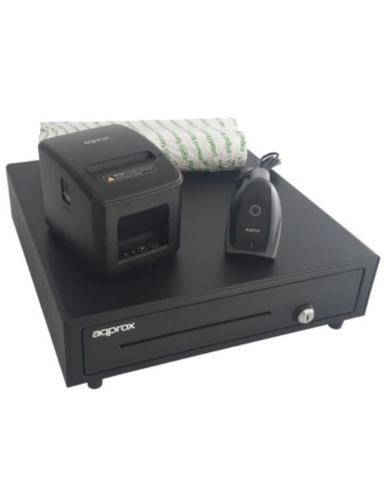 Pack Approx appPOSPACK4180LAN-2D Cajón Portamonedas/ Impresora Térmica/ Lector de Códigos y Rollos Térmicos