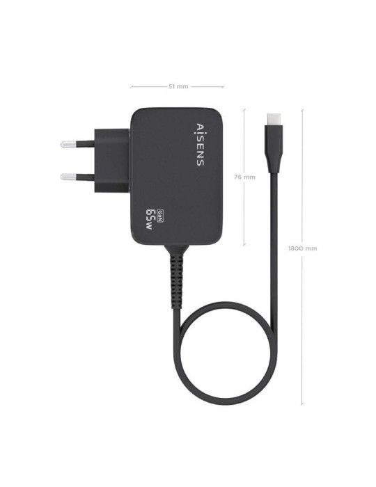 Cargador de Portátil GaN Aisens ASCH-1PD65WL033-BK/ 1xUSB Tipo-C + Cable 1.8m/ 65W/ Automático/ Voltaje 5-20V