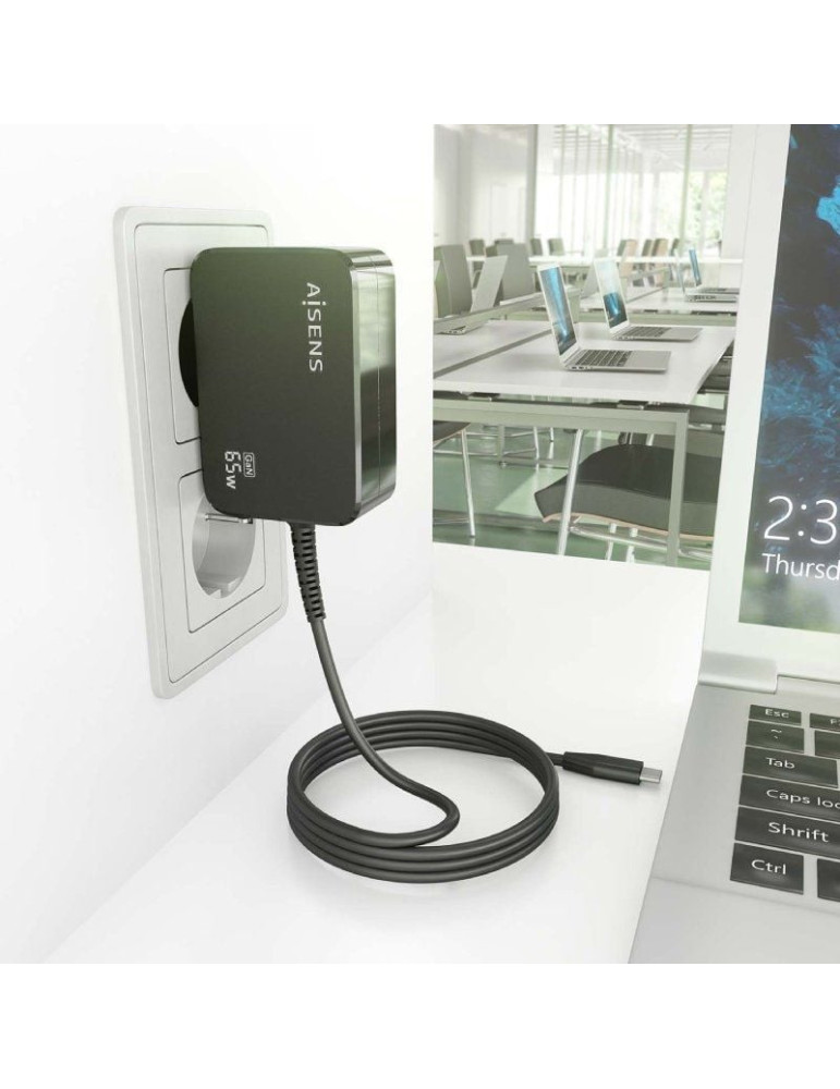 Cargador de Portátil GaN Aisens ASCH-1PD65WL033-BK/ 1xUSB Tipo-C + Cable 1.8m/ 65W/ Automático/ Voltaje 5-20V