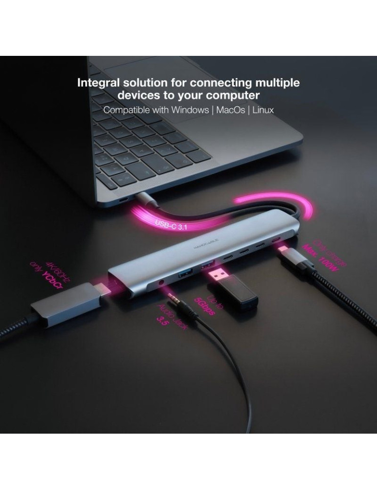 Docking Tipo-C Nanocable 10.16.4608/ 2xUSB/ 3xUSB Tipo-C/ 1xHDMI 4K/ 1xJack 3.5/ 1xUSB Tipo-C PD/ Gris
