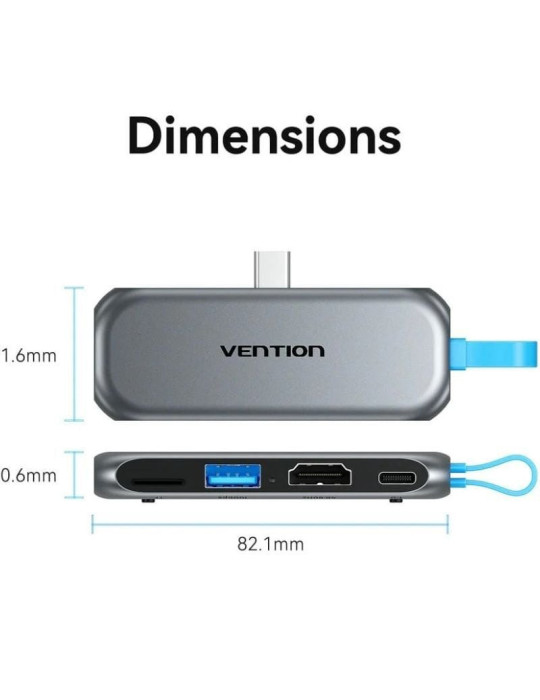 Docking Sin Cables USB Tipo-C Vention THYH0/ 1xUSB/ 1xHDMI/ 1xUSB Tipo-C PD/ 1xLector de Tarjetas/ Gris