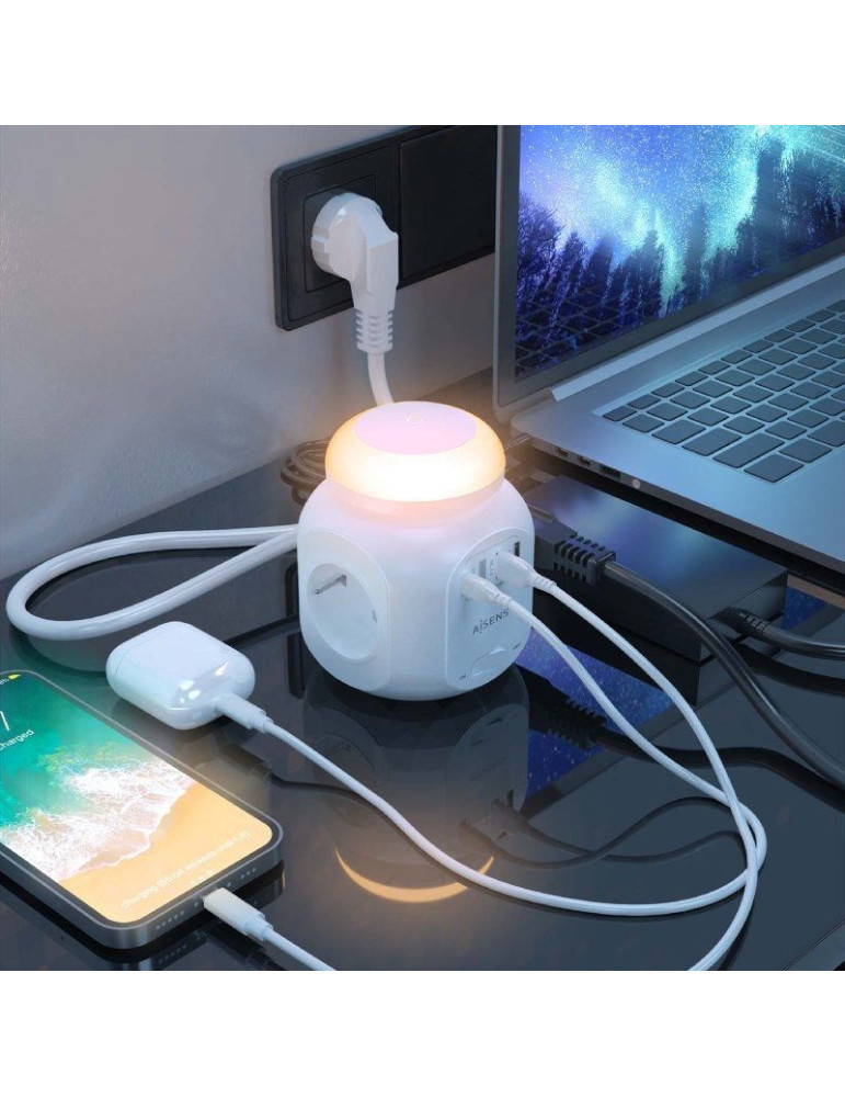 Regleta con Interruptor y Luz Nocturna Aisens ASPS-2A1CLPQ02-W/ 4 Tomas de Corriente/ 1 USB Tipo-C PD/ 2 USB/ Cable 1.8m/ Blanco