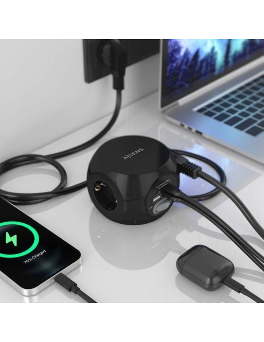 Regleta con Interruptor Aisens ASPS-2A2C05-BK/ 3 Tomas de Corriente/ 2 USB Tipo-C/ 2 USB/ Cable 1.4m/ Negro