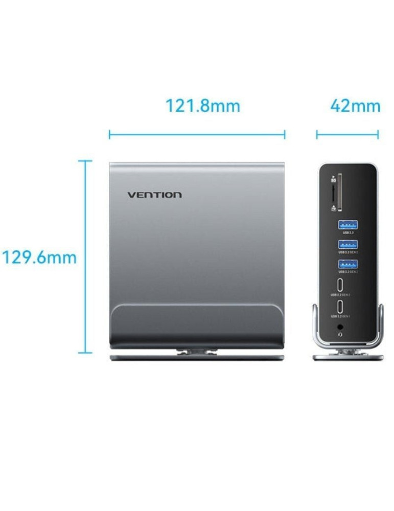 Docking USB Tipo-C Vention TPUH0/ 2xHDMI 4K/ 1xDisplayPort/ 3xUSB Tipo-C/ 5xUSB/ 1xRJ45/ 1xLector de Tarjetas/ 1xJack 3.5/ 1xUSB