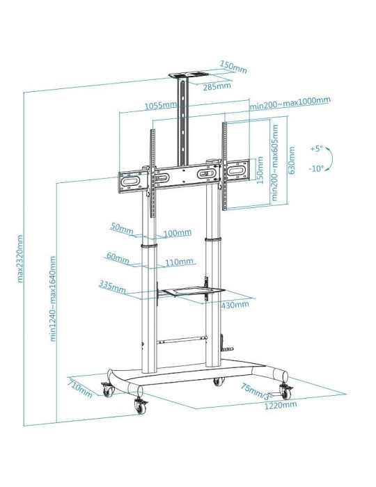 Soporte de Suelo con Ruedas Inclinable/ Nivelable TooQ FS20404HM-B para TV de 60-100"/ hasta 100kg