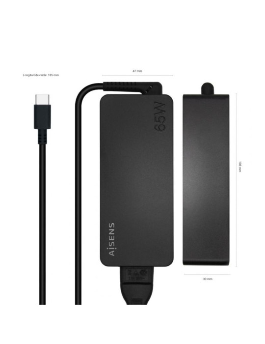 Cargador de Portátil Aisens ASCH-1PD65D-BK/ 1xUSB Tipo-C/ 65W/ Automatico/ Voltaje 5-20V