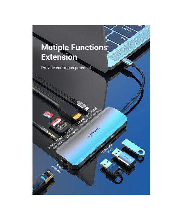 Docking USB Tipo-C Vention TOLHB/ 1xHDMI 4K/ 3xUSB/ 1xUSB Tipo-C PD/ 1xRJ45/ 1xLector Tarjetas SD/ 1x MicroSD/ Jack 3.5/ Gris