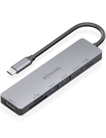 Docking USB Tipo-C Aisens ASUC-7P048-GR/ 1xHDMI 4K/ 2xUSB/ 1xUSB Tipo-C/ 1xUSB Tipo-C PD/ 1x Lector de Tarjetas/ Gris