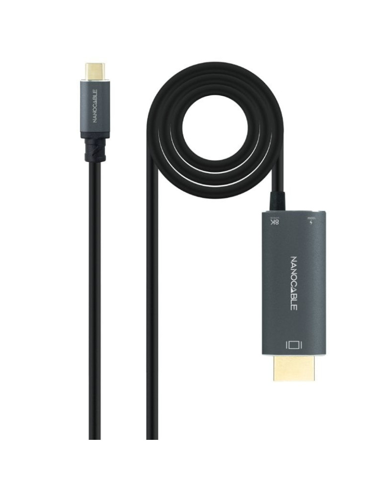 Cable Conversor Nanocable 10.15.5182/ USB Tipo-C Macho - HDMI 8K Macho/ USB Tipo-C Hembra/ Hasta 100W/ 1.8m/ Negro