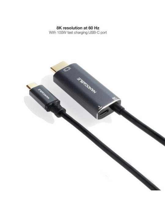 Cable Conversor Nanocable 10.15.5182/ USB Tipo-C Macho - HDMI 8K Macho/ USB Tipo-C Hembra/ Hasta 100W/ 1.8m/ Negro