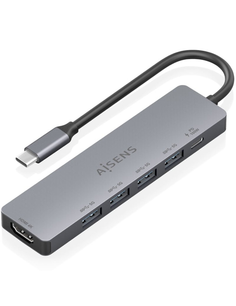 Docking USB Tipo-C Aisens ASUC-6P047-GR/ 1xHDMI 4K/ 4xUSB/ 1xUSB Tipo-C PD/ Gris