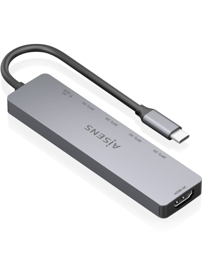 Docking USB Tipo-C Aisens ASUC-6P047-GR/ 1xHDMI 4K/ 4xUSB/ 1xUSB Tipo-C PD/ Gris