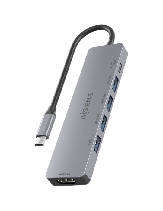 Docking USB Tipo-C Aisens ASUC-6P047-GR/ 1xHDMI 4K/ 4xUSB/ 1xUSB Tipo-C PD/ Gris