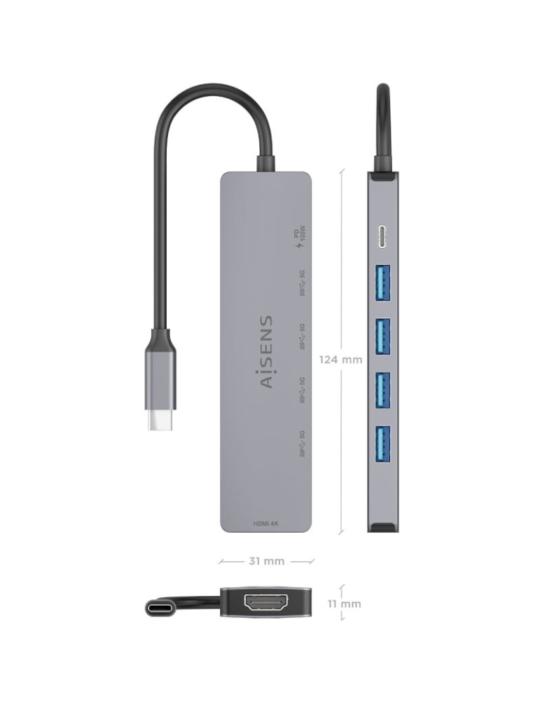 Docking USB Tipo-C Aisens ASUC-6P047-GR/ 1xHDMI 4K/ 4xUSB/ 1xUSB Tipo-C PD/ Gris