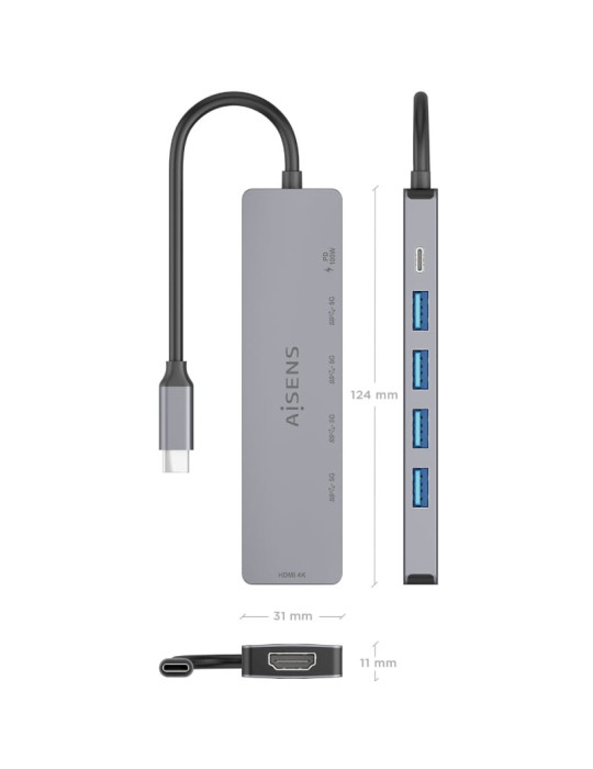 Docking USB Tipo-C Aisens ASUC-6P047-GR/ 1xHDMI 4K/ 4xUSB/ 1xUSB Tipo-C PD/ Gris