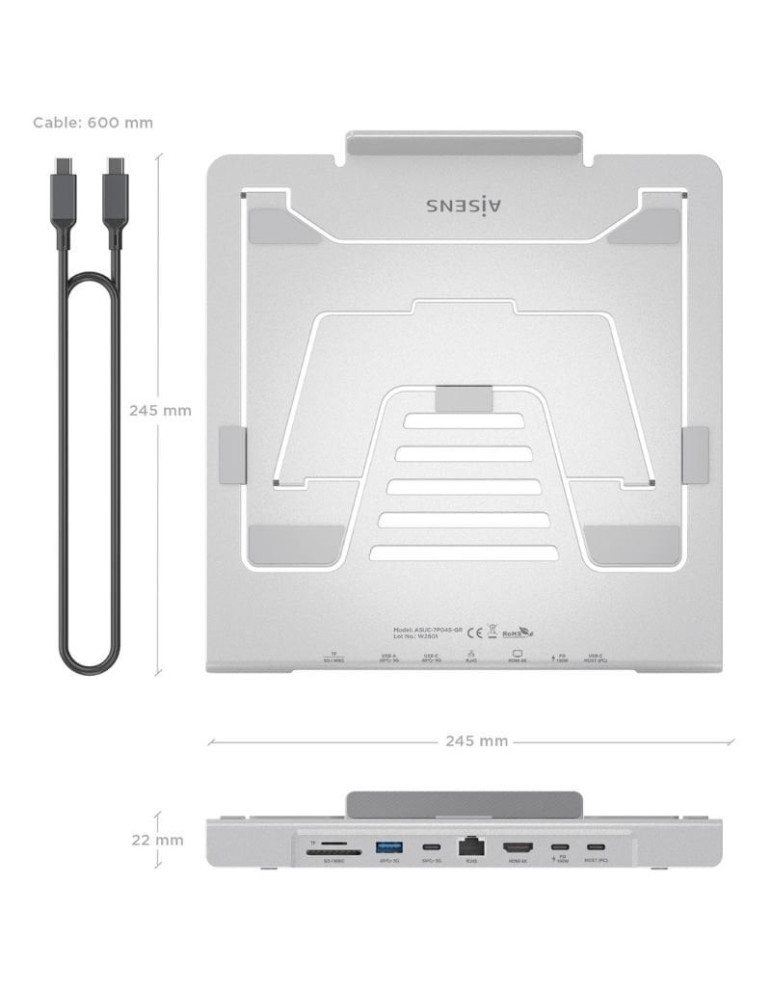 Soporte de Sobremesa - Docking USB Tipo-C Aisens ASUC-7P045-GR/ 1xUSB/ 1xUSB Tipo-C/ 1xHDMI/ 1xRJ45/ 1xLector de Tarjetas/ 1xUSB