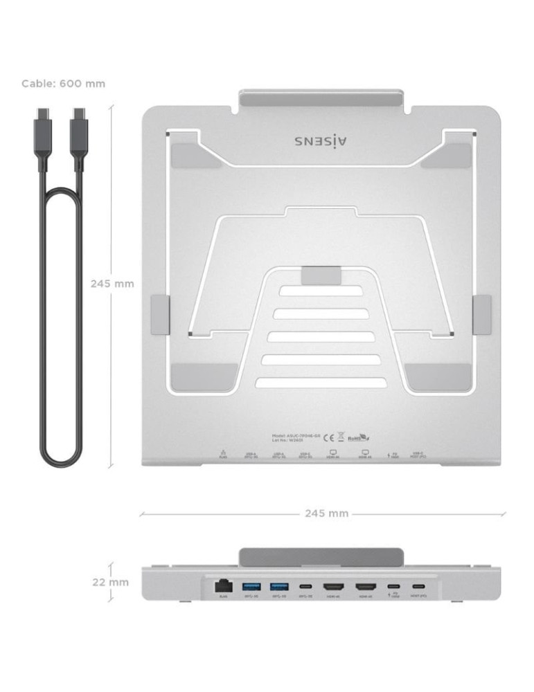 Soporte de Sobremesa - Docking USB Tipo-C Aisens ASUC-7P046-GR/ 2xUSB/ 1xUSB Tipo-C/ 2xHDMI/ 1xRJ45/ 1xUSB Tipo-C PD/ Gris