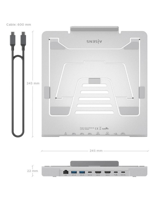 Soporte de Sobremesa - Docking USB Tipo-C Aisens ASUC-7P046-GR/ 2xUSB/ 1xUSB Tipo-C/ 2xHDMI/ 1xRJ45/ 1xUSB Tipo-C PD/ Gris