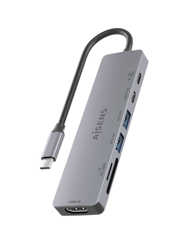 Docking USB Tipo-C Aisens ASUC-7P048-GR/ 1xHDMI 4K/ 2xUSB/ 1xUSB Tipo-C/ 1xUSB Tipo-C PD/ 1x Lector de Tarjetas/ Gris