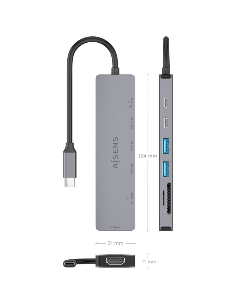 Docking USB Tipo-C Aisens ASUC-7P048-GR/ 1xHDMI 4K/ 2xUSB/ 1xUSB Tipo-C/ 1xUSB Tipo-C PD/ 1x Lector de Tarjetas/ Gris