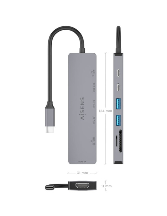 Docking USB Tipo-C Aisens ASUC-7P048-GR/ 1xHDMI 4K/ 2xUSB/ 1xUSB Tipo-C/ 1xUSB Tipo-C PD/ 1x Lector de Tarjetas/ Gris