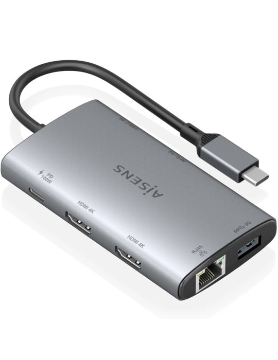 Docking USB Tipo-C Aisens ASUC-7P049-GR/ 2xHDMI 4K/ 1xRJ45/ 2xUSB/ 1xUSB Tipo-C/ 1xUSB Tipo-C PD/ Gris