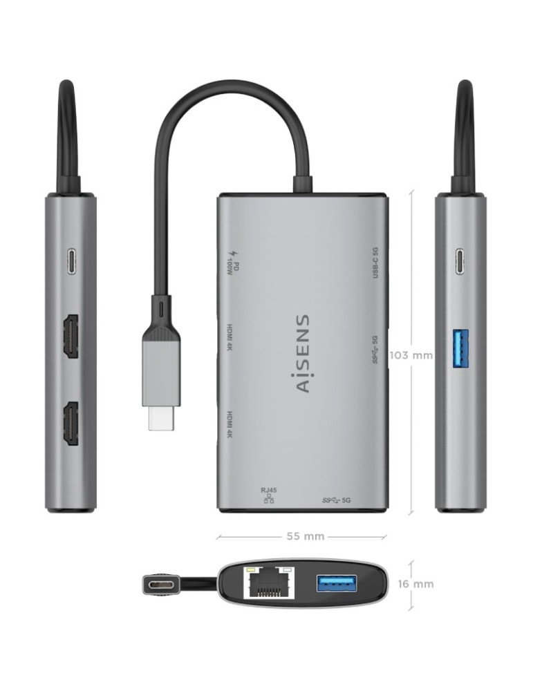 Docking USB Tipo-C Aisens ASUC-7P049-GR/ 2xHDMI 4K/ 1xRJ45/ 2xUSB/ 1xUSB Tipo-C/ 1xUSB Tipo-C PD/ Gris