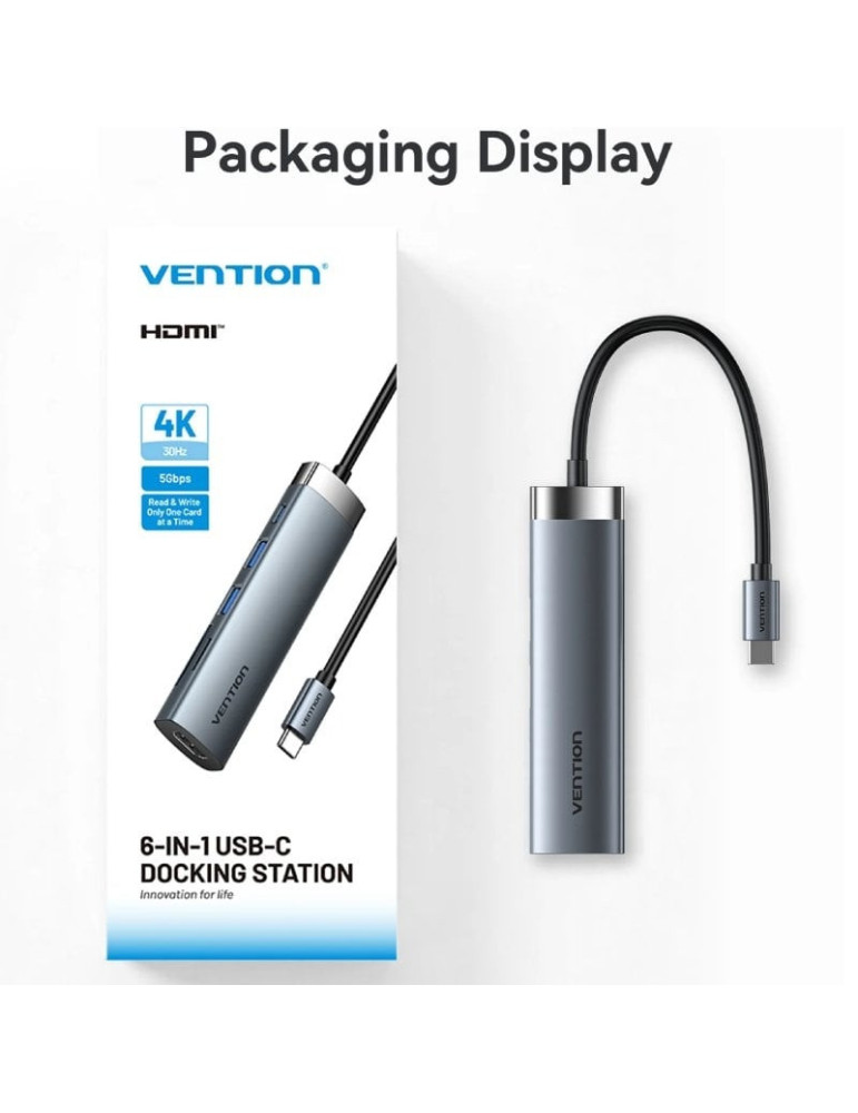 Docking USB Tipo-C Vention THJHB/ 1xHDMI 4K/ 2xUSB/ 1xUSB Tipo-C PD/ Gris