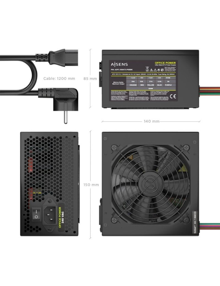 Fuente de Alimentación Aisens ASPC-500ATX-PSEBK/ 500W/ Ventilador 12cm
