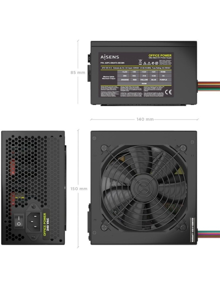 Fuente de Alimentación Aisens ASPC-500ATX-SEOBK/ 500W/ Ventilador 12cm