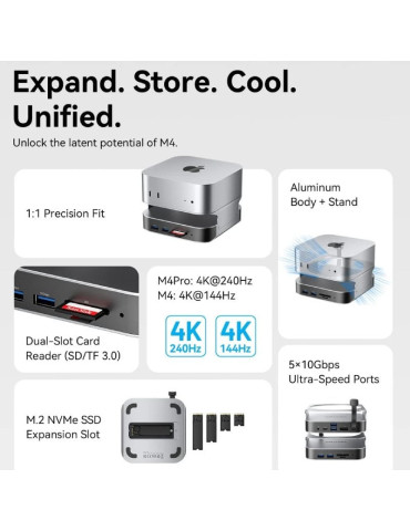 Docking para Mac Mini USB Tipo-C Vention THIHAG/ Ranura SSD M.2/ 4xUSB/ 1xUSB Tipo-C/ 1xDisplayPort 4K/ 1xLector Tarjetas/ 1xJac 2