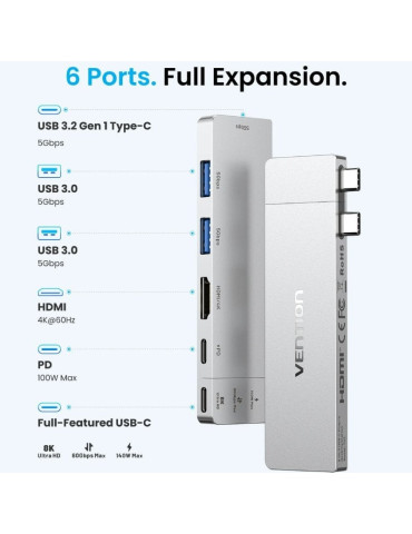 Docking USB Tipo-C Vention THZH0/ 1xHDMI 4K/ 2xUSB/ 2xUSB Tipo-C/ 1xThunderBolt/ 1xUSB Tipo-C PD/ Gris 2
