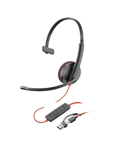 Auricular Poly Blackwire 3210 + Adaptador USB-C/A/ con Micrófono/ USB Tipo-C/ Negro
