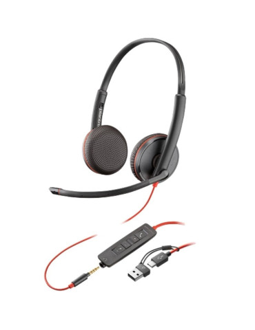 Auriculares Poly Blackwire 3225 + Adaptador USB-C/A/ con Micrófono/ Jack 3.5mm/ Negro