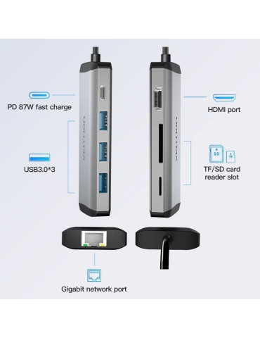 Docking USB Tipo-C Vention CNDHB/ 1xHDMI 4K/ 3xUSB/ 1xUSB Tipo-C PD/ 1xRJ45/ 1xLector tarjetas/ Gris 2