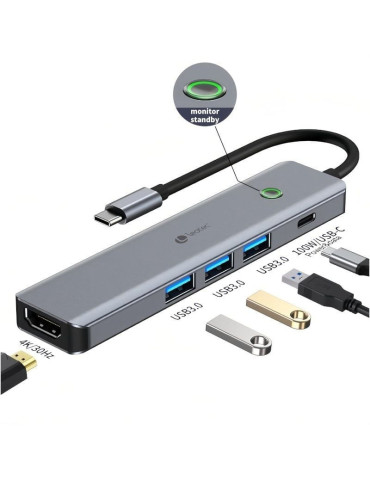 Docking USB Tipo-C Leotec LEDS05/ 3xUSB/ 1xUSB Tipo-C PD/ 1xHDMI 4K/ Gris