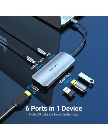 Docking USB Tipo-C Vention TOFHB/ 1xHDMI/ 3xUSB/ 1xUSB Tipo-C/ 1xUSB Tipo-C PD/ Gris 2
