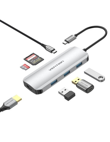 Docking USB Tipo-C Vention TOJHB/ 1xHDMI 4K/ 3xUSB/ 1xUSB Tipo-C/ 1xLector Tarjetas/ Gris