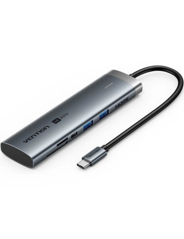 Docking USB Tipo-C Vention TPSHB/ 1xHDMI 4K/ 2xUSB/ 2xUSB Tipo-C/ 1xRJ45/ 1xUSB Tipo-C PD/ 1xLector Tarjetas/ Gris