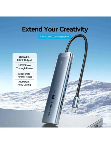 Docking USB Tipo-C Vention TPSHB/ 1xHDMI 4K/ 2xUSB/ 2xUSB Tipo-C/ 1xRJ45/ 1xUSB Tipo-C PD/ 1xLector Tarjetas/ Gris 2