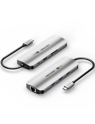 Docking USB Tipo-C Vention TQKHB/ 1xHDMI 4K/ 3xUSB/ 1xUSB Tipo-C PD/ 1xRJ45/ 1xLector de Tarjetas/ Gris