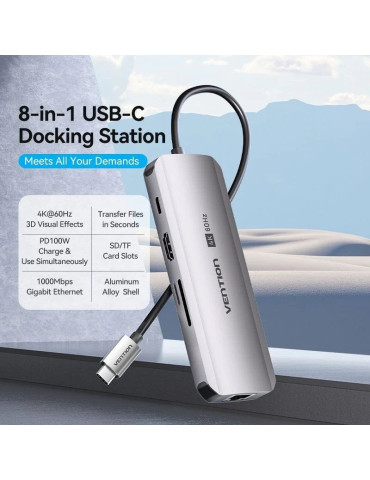 Docking USB Tipo-C Vention TQKHB/ 1xHDMI 4K/ 3xUSB/ 1xUSB Tipo-C PD/ 1xRJ45/ 1xLector de Tarjetas/ Gris 2