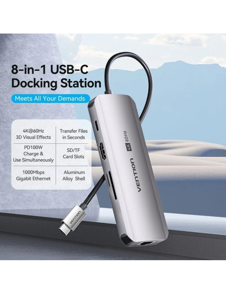 Docking USB Tipo-C Vention TQKHB/ 1xHDMI 4K/ 3xUSB/ 1xUSB Tipo-C PD/ 1xRJ45/ 1xLector de Tarjetas/ Gris